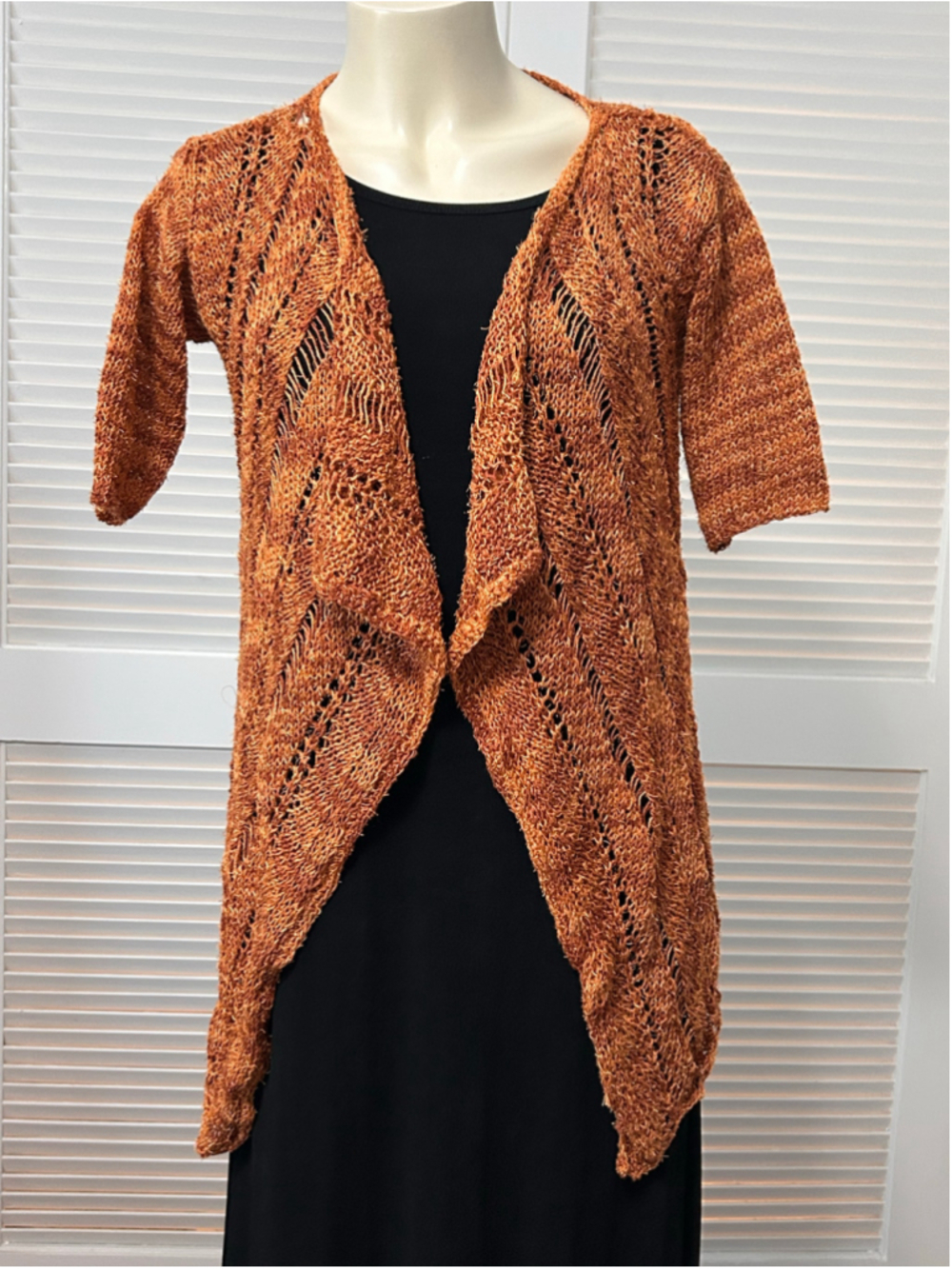 Handmade Burnt Orange Open-Knit Cascading Cardigan Boho Textured Sweater, Medium